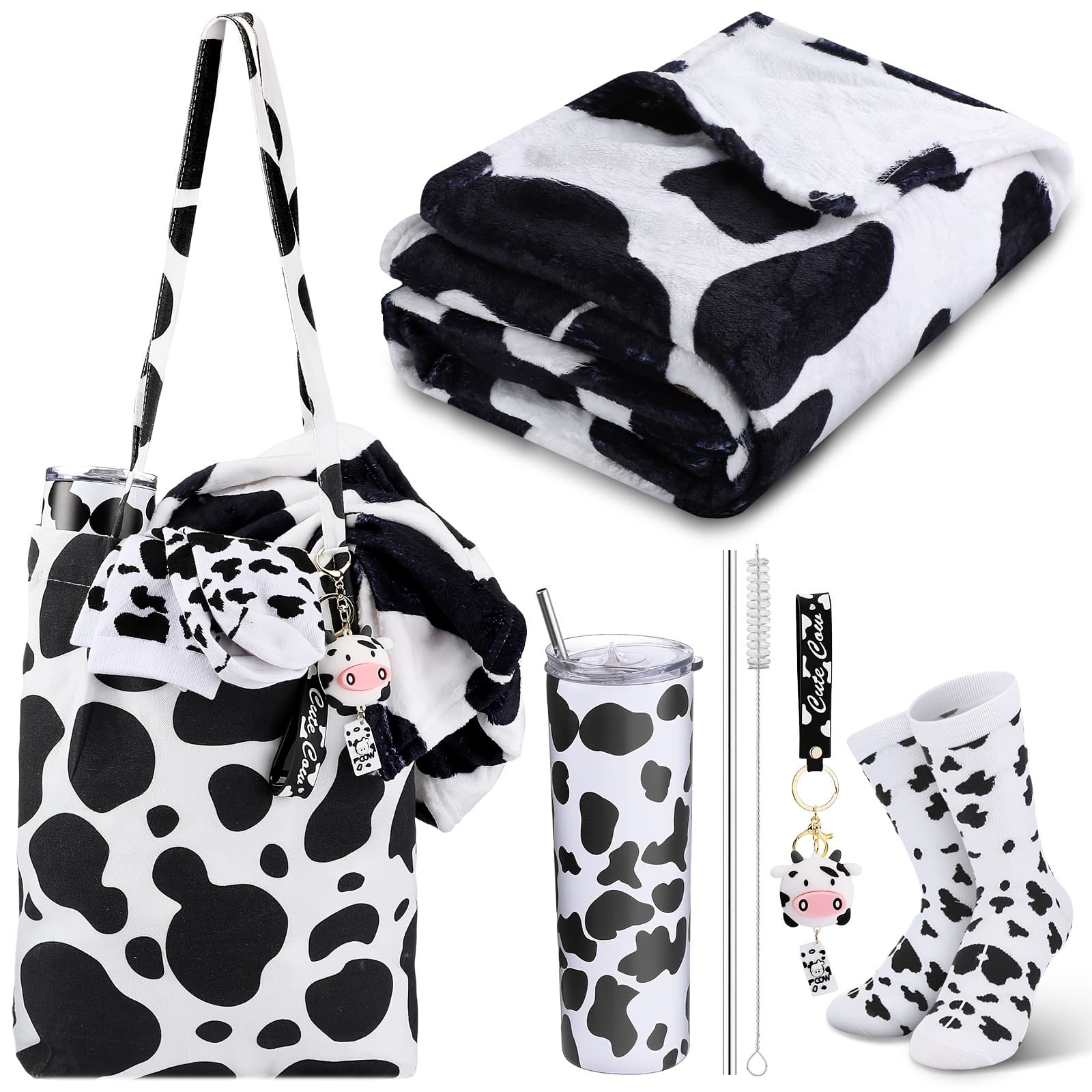 TEMU 5pcs Cow Print Gift Set For Women, 20oz Stainless Steel Tumbler Woven Bag Blanket Socks Keychain, Gift Box(black White)