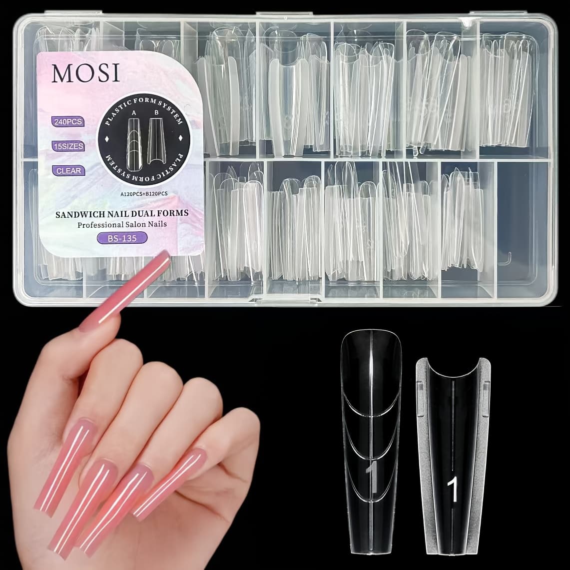 TEMU New Sandwich Nail Double Mold - 240pcs Long Coffin-shaped Nail Mold For Quick Nail Extension, No Paper Mold Required, 15 Sizes Of Plastic Mold - Nail Art Tool, Reusable Valentine's Day Nail Mold