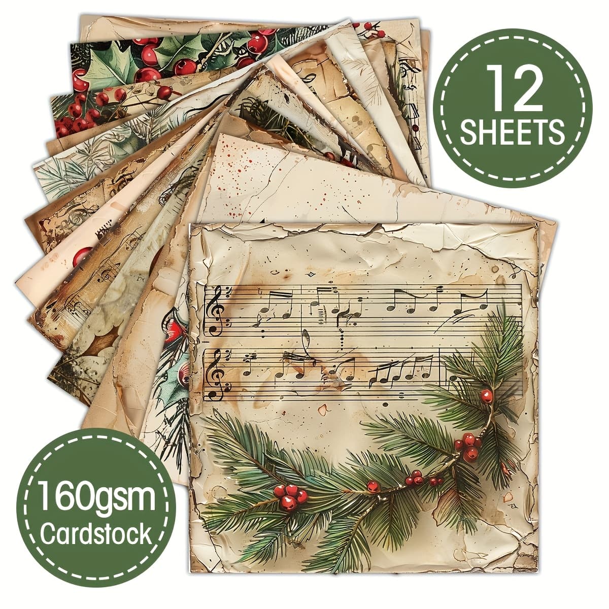 TEMU 12pcs Vintage Christmas Sheet Music Paper, 6x6 Inch - Featuring & Holy Night For Cards, Origami, And Junk Journals | Decorative Crafting Set For , Made Of Paper, Floral Pattern