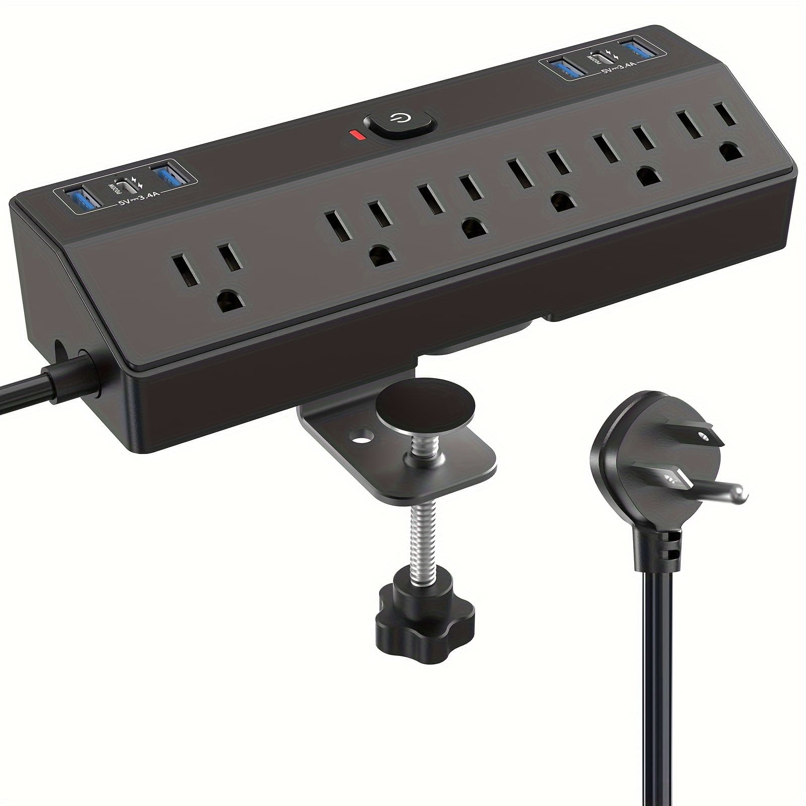 TEMU 40w Desktop Clip Power Strip Fast Charging Station, 2 Usb-c Ports, 6 Ac Power Outlets And 10ft Cable, Suitable For 1. 8 Inch Desktop Edge