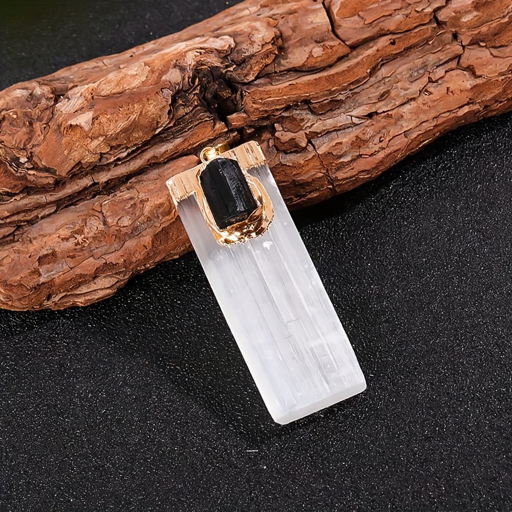 TEMU 1pc Natural Selenite Pendant White Gypsum Black Stone Necklace Crystal Quartz Gemstone For Jewelry Gifts Men Women Decoration