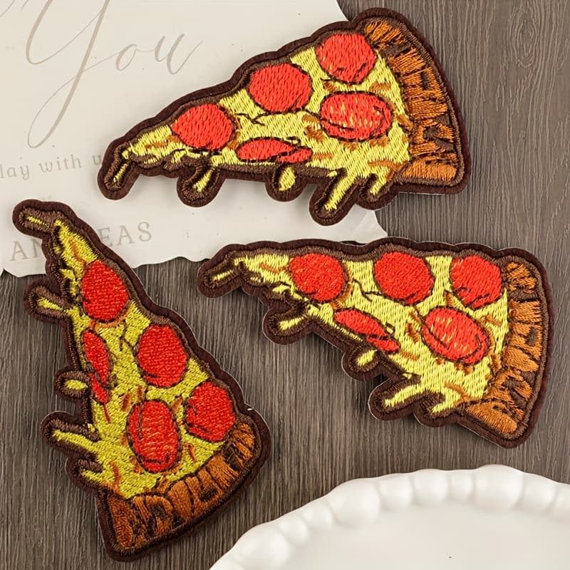TEMU 3pcs Multicolor Pizza Pattern Embroidered Fabric Stickers, Cartoon Style Iron-on Patches For Clothes, Bags, Shoes, Hats, And Home Decor