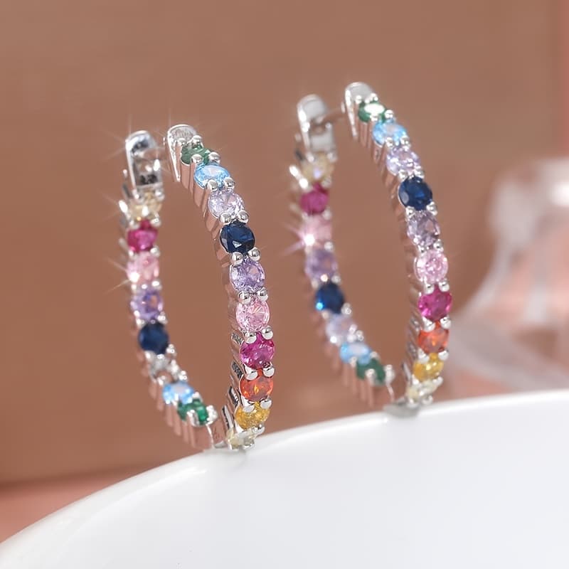 TEMU Easy And Fashionable Colorful Synthetic Zirconia Hoop Earrings, Elegant Style Women' Casual Additions