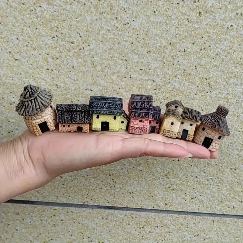 TEMU 6pcs Set Of Mini Resin Cabin Sculptures - Diy Fairy Gardens, Bonsai, And Succulent Plant Decorations, Embellished With Glass Flower Pots