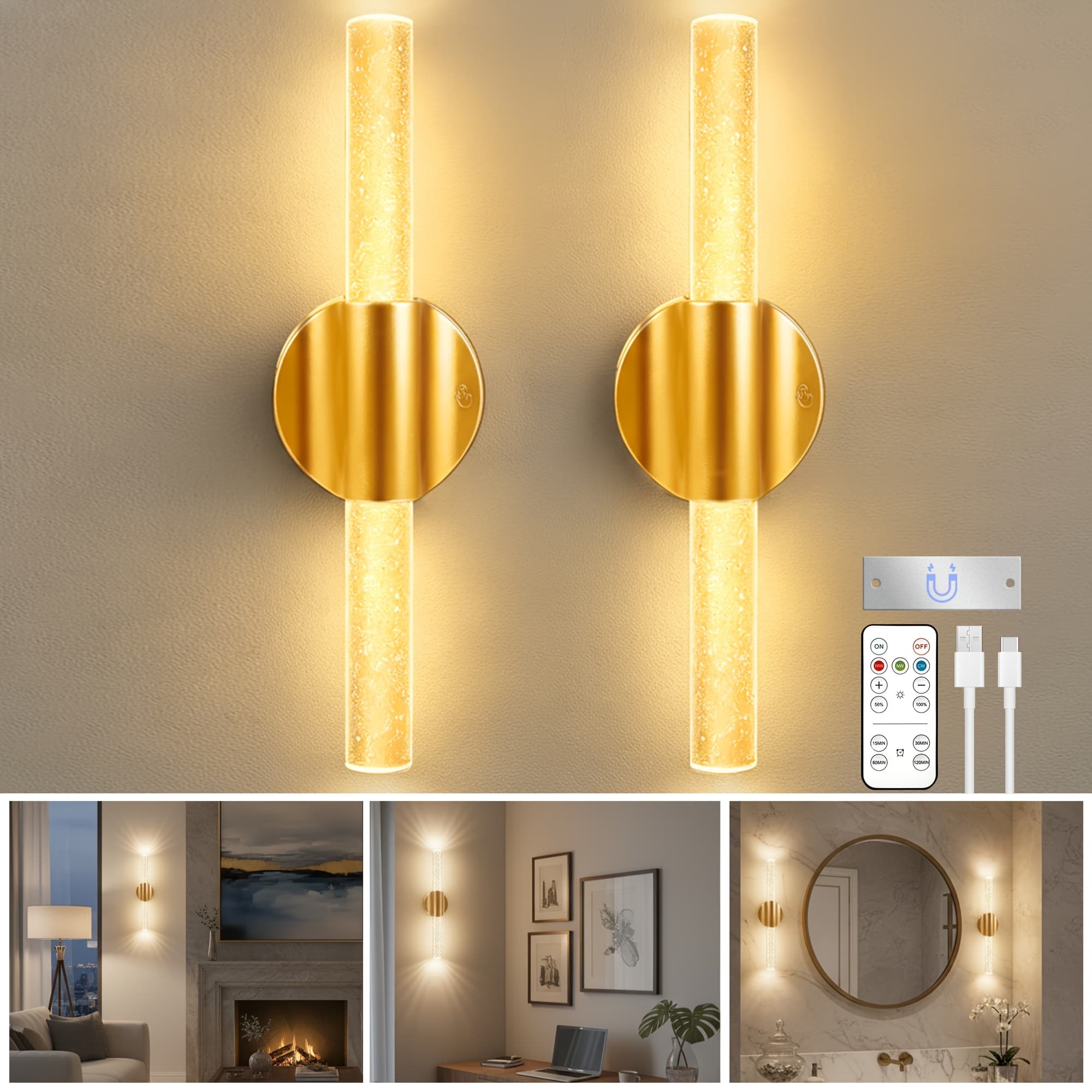 TEMU Rechargeable Wall Sconces Set Of 2, Magnetic Battery Sconces Wall Decor Set Of 2 With Remote & Touch Control, Dimmable Cordless Wall Lights For Bedroom Hallway Dining Room