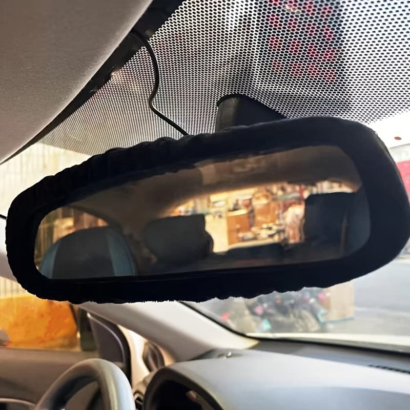 TEMU 1pc Cute Plush Car Rearview Mirror Cover - Soft Polyester Fiber, Graphic Design Enhances Interior Decoration, Car Decorations, Festival Gifts