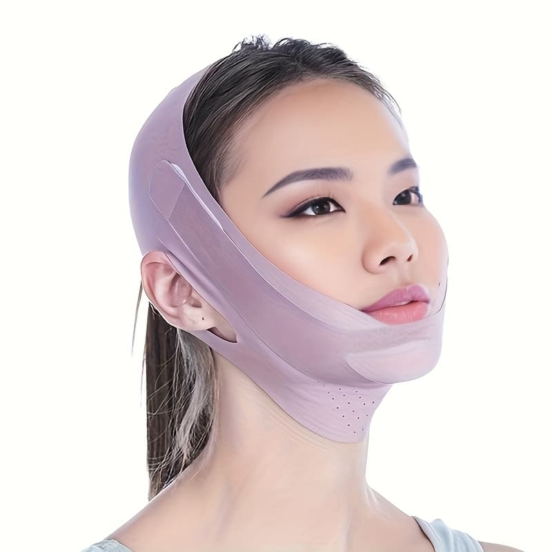TEMU Double Chin Facial Contour Lifting Tool - Elastic Breathable Purple Face Strap With Adjustable Straps & For Jawline Definition, Neck Wrinkle Reduction, Non- Skincare, Face Lifting Device