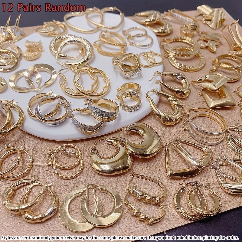 TEMU 12pairs Golden Exquisite Stud Earrings For Women, Style Random Glossy Chunky Shaped Hoop Earrings Copper Jewelry Vintage Elegant Style Women Geometric Ear Buckles