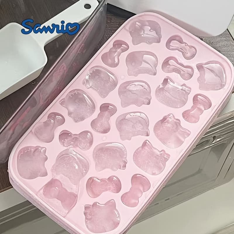 TEMU 1pc Hello Kitty Silicone Ice Cube Mold With Cover, Cartoon Cat Theme, Flexible Rectangular Shape, For Homemade Ice Products, Cute Cat And Bow Shape, With Cube Mold Tools