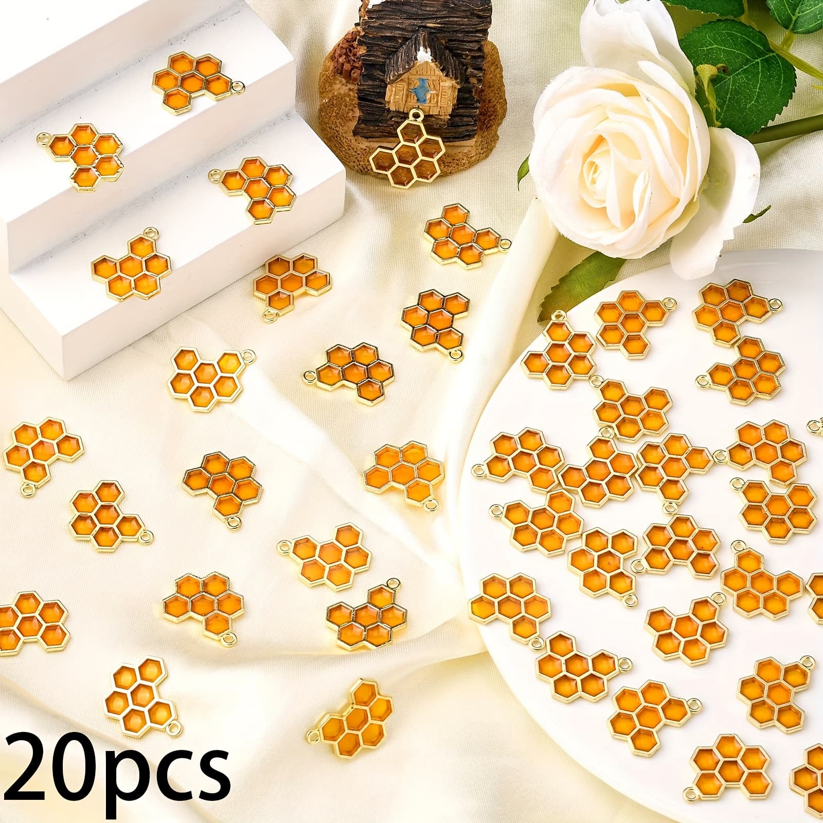 TEMU 20pcs Sailanzi Bee Honeycomb Pendants - & Hexagon Honeycomb Charms Suitable For Jewelry Making, Diy Crafts, Keychains, & Clothing - Bee-themed