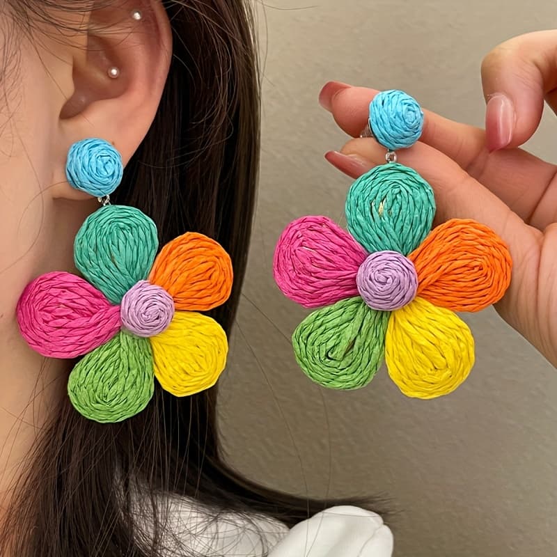 TEMU A Pair Of Vacation-style Colorful Raffia Flower Earrings, A Casual, Cute, Elegant, And Versatile Gift Accessory