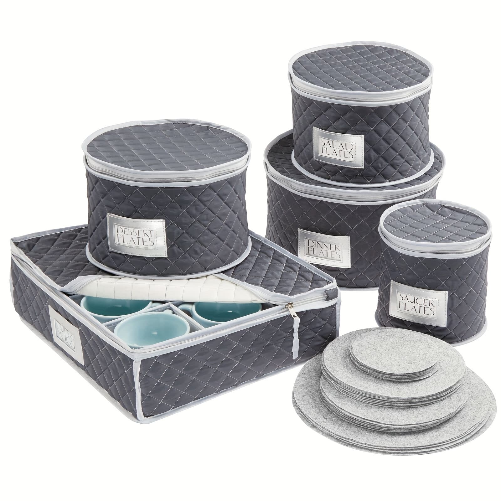 TEMU 5pcs Quilted Dinnerware Storage Set For And Moving Delicate China, Dishes, Plates, And Cups - Accommodates Service For 12 - Felt Protectors Provided With Each Round Bin