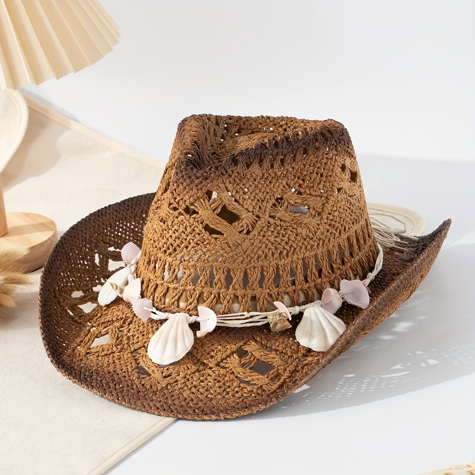 TEMU Conch Shell Beaded Strap Vintage Solid Color Hem Color-block Retro Curved Brim Peach Cowboy Hat