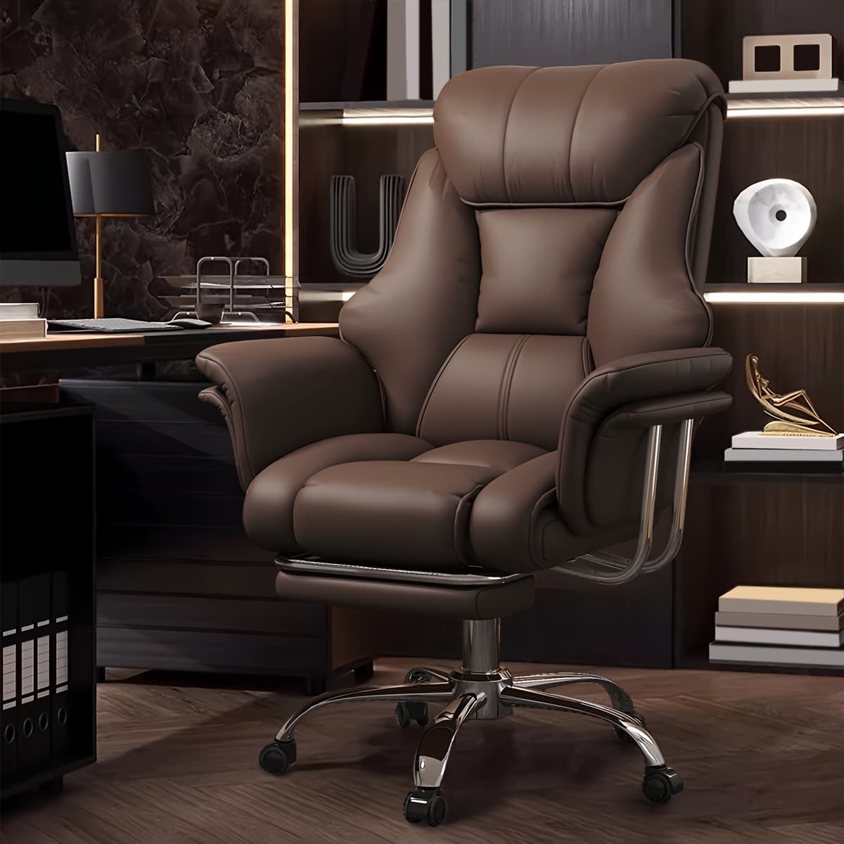 TEMU Executive Leather Office Chair, Comfy Desk Chair With Lumbar Support, Adjustable Height And Tilt, Rolling Swivel Chair, An Ergonomic Computer Chair