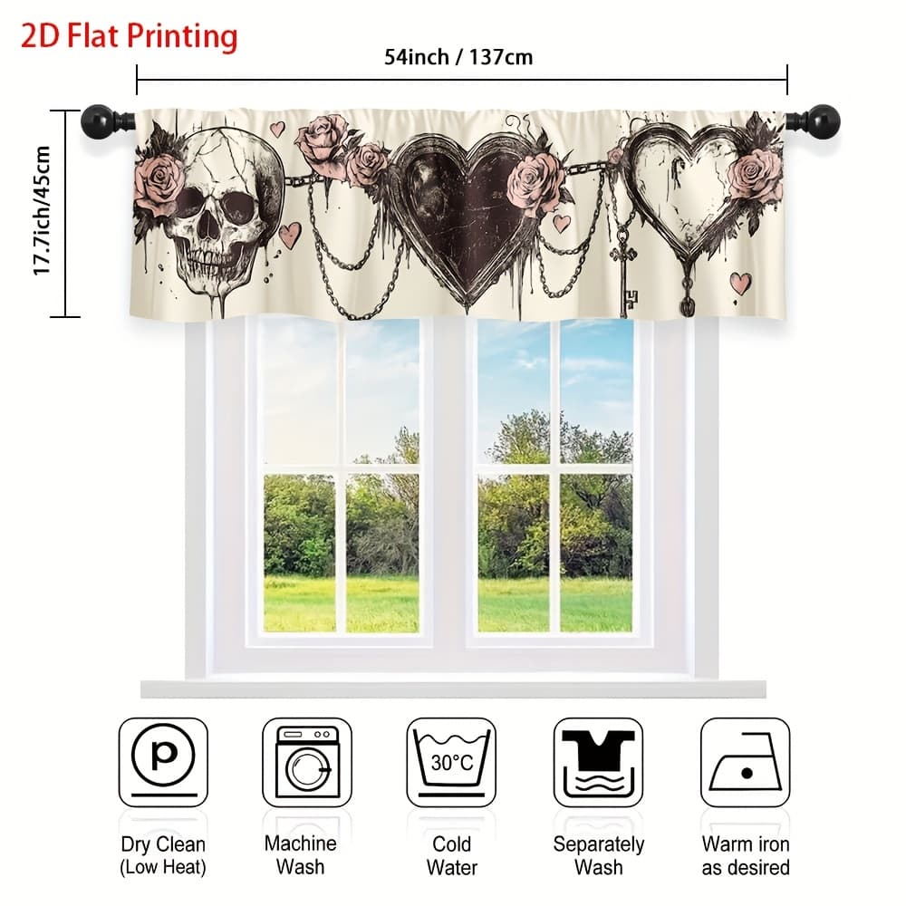 TEMU 2d Flat, 1pc Gothic & Rose Valance Curtain - Semi-sheer Panel Suitable For Rod, Gothic Window Valance For Living Room, Bedroom, Party Decor - Machine Washable Panel With Gothic Print, 2d Flat