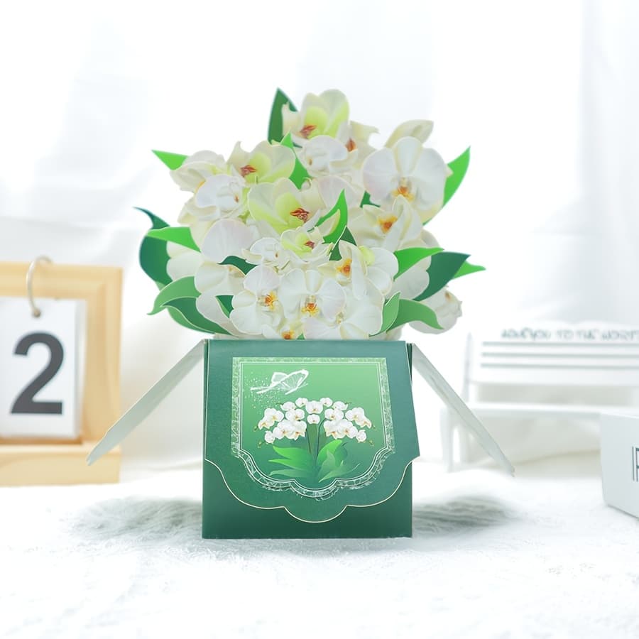 TEMU 1pc, 3d Three-dimensional Pop-up White Orchid Bouquet Greeting Card Decoration With Note And Envelope - For Birthdays, Father's Day, Day, Valentine's Day, Weddings And Thank You Letters