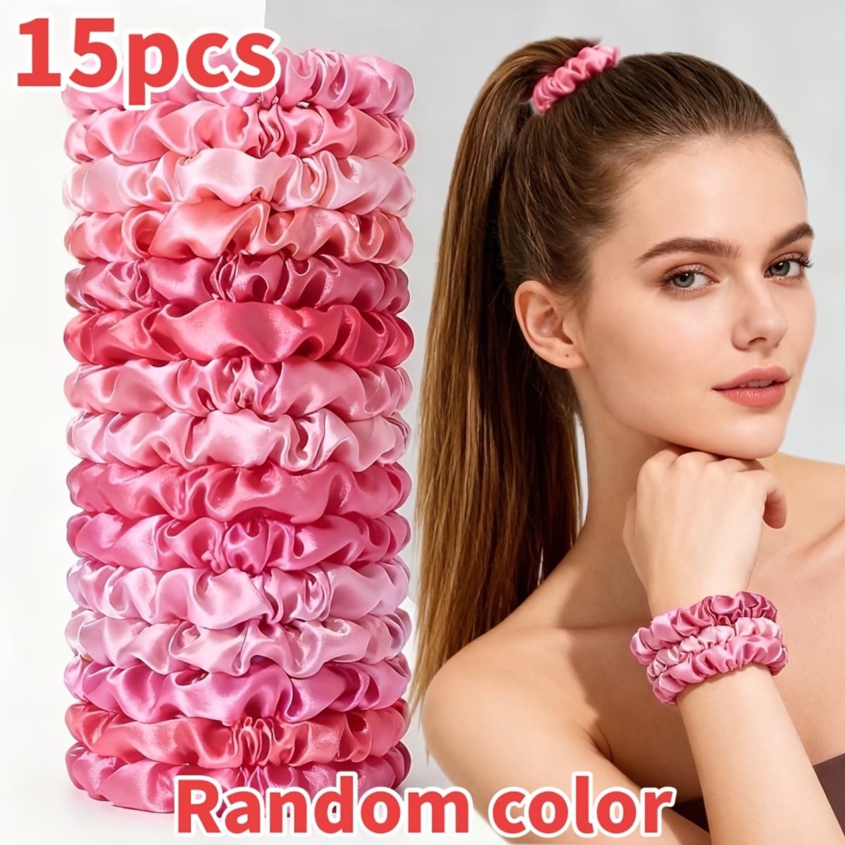TEMU 15pcs Multicolor Combination Random Color Spring/summer New High-end Pink Series Bright Satin Small Hair Tie Set Ponytail Bun Hair Additions Daily Versatile Hair Tie