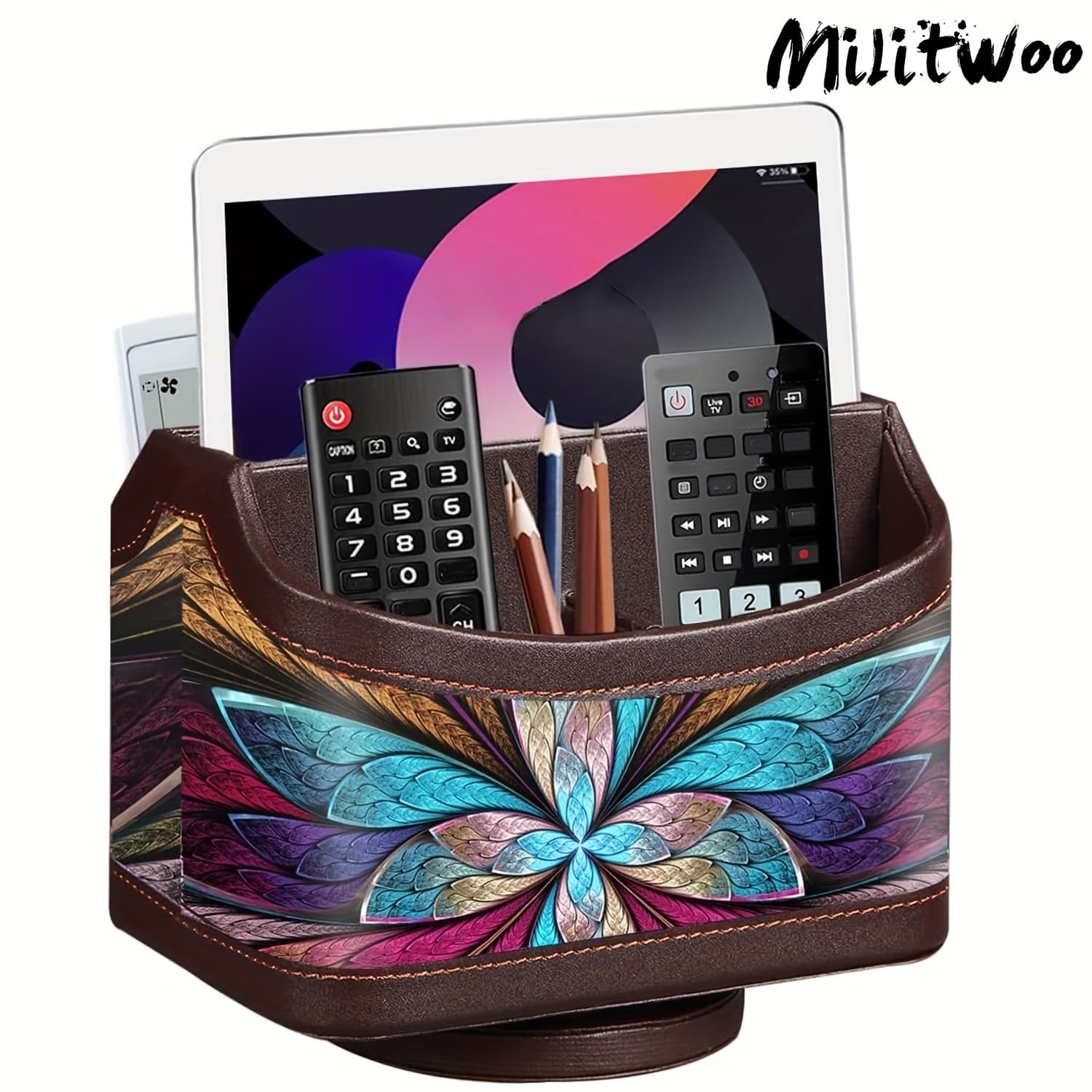 TEMU Remote Control Holder With 5 Compartments, Pu Leather Multifunctional Desk Storage Box/organizer Basket For Tv Controllers, Mobile Phones, Eyeglasses, Pens, Office Supplies And Accessories