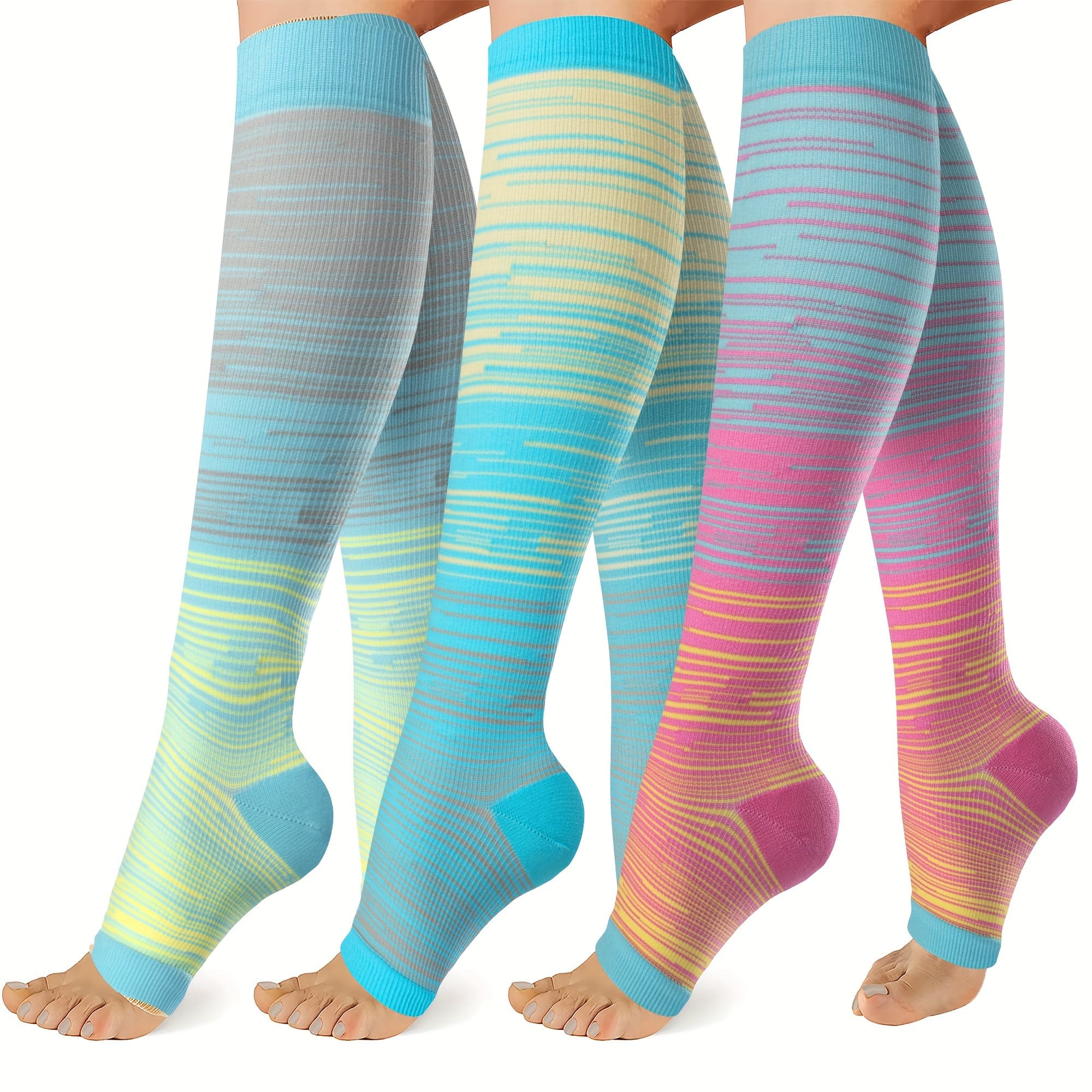TEMU 3 Pairs Compression Socks For Women&men, Open Toe Knee High Support Socks For Running Climbing Cycling Yoga Gift For Mom