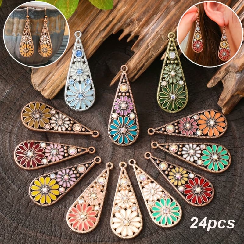 TEMU 24pcs Bohemian-style Daisy Inlaid Teardrop-shaped Earrings Pendants, Colorful Oil Drip Diy Earrings Pendants Handcrafted Supplies