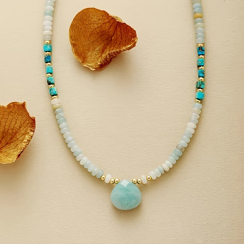 TEMU Natural Stone 1pc Women's Amazonite Abacus Bead Necklace - Hand-, Turquoise Blue Stone, Vintage-inspired Perfect For Fall Winter Long Natural Stone Necklace