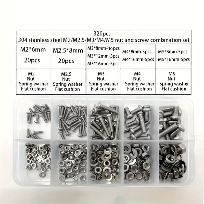 TEMU 320pcs Set Of 304 Stainless Steel Bolts, Nuts And Washers, With , M2 M2.5 M3 M4 M5, Suitable For Connecting Machine Screws Of Bicycles, Furniture, Household And Commercial Power Supplies