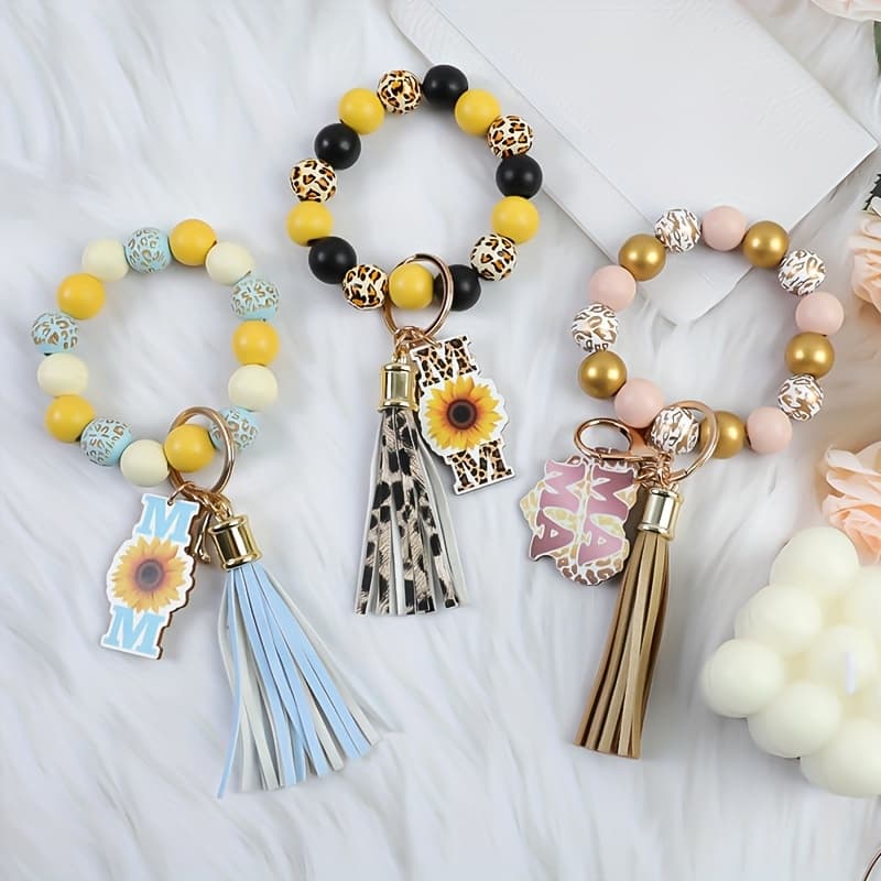 TEMU 3pcs/set Sunflower With Letter Wood Chips Charm With Leopard Print Tassel Keychain Holiday Gift Keychain