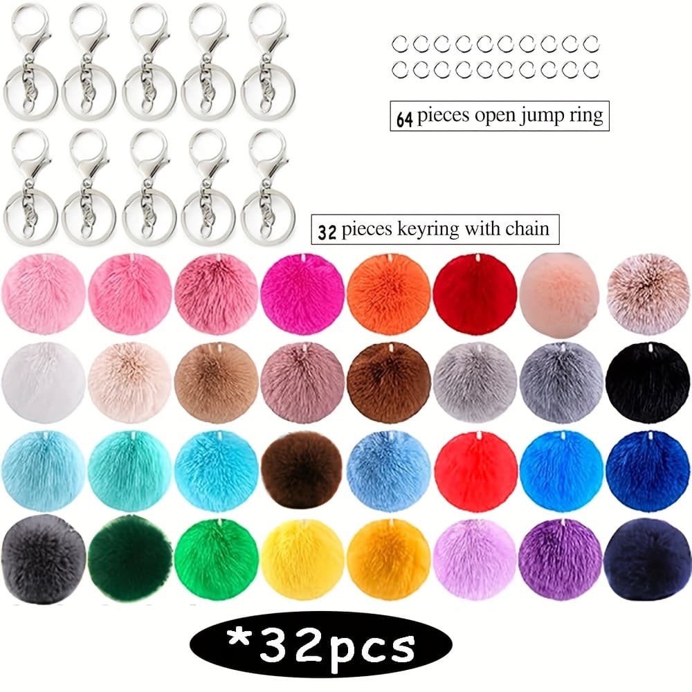 TEMU 128pcs Plush Ball Keychain Set, Including 32 Plush Balls, 32 Lobster Keychains, And 64 Jumping Ring Plush Artificial Rabbit Keychain Pendant Accessories