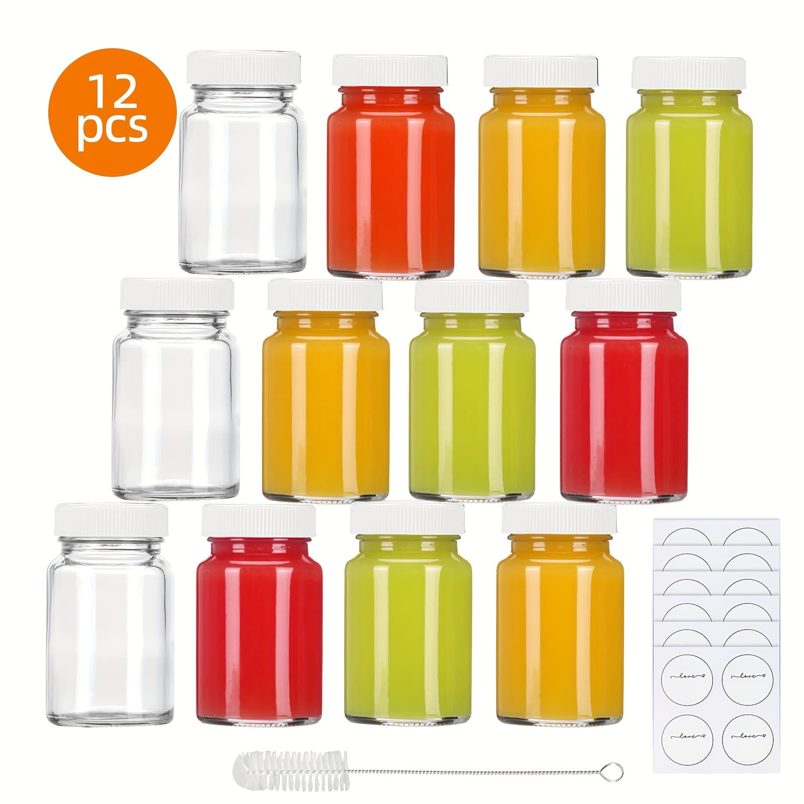 TEMU Whonline 12/24pcs 2oz Glass Shot Bottles With Caps, Party Mugs, Ginger Shot Bottles, Bottles With Lids For Potion And Oils, With Waterproof Stickers And Brush, 1.8*2.95 Inch