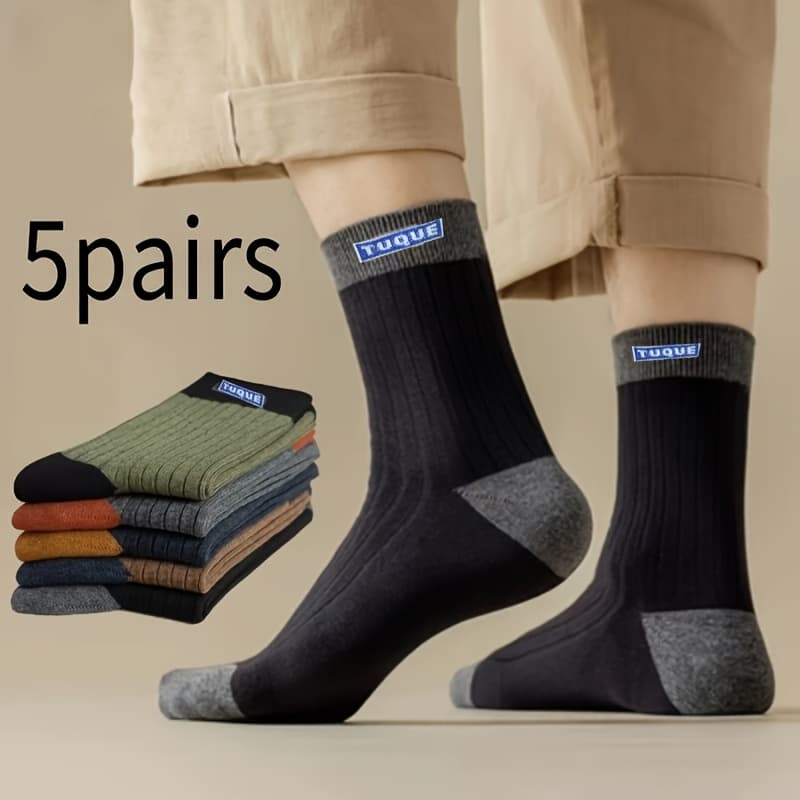 TEMU 5-pack Men's Color-block Mid-calf Socks, Black-gray, Green-black, And More, Ribbed Design, Simple And Versatile, Ideal For Daily Wear, Socks