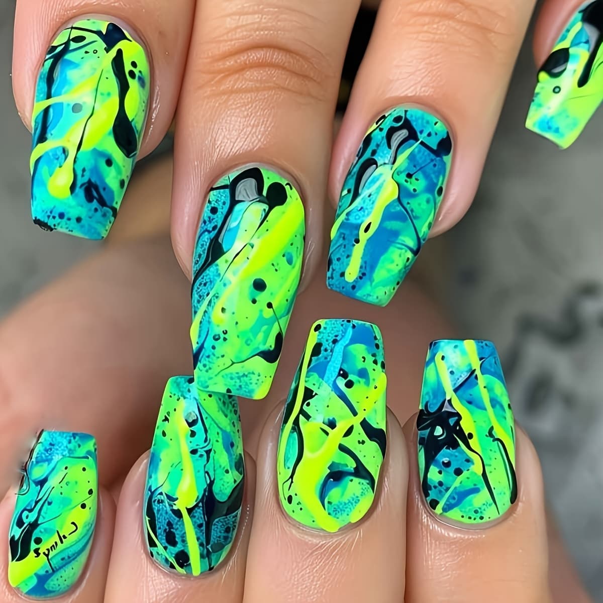 TEMU 2 - Box Set Of 48 - Piece Detachable Wearable Nail Art In , Featuring A And Flowing Charm With An Abstract Ink - Splashing Design.