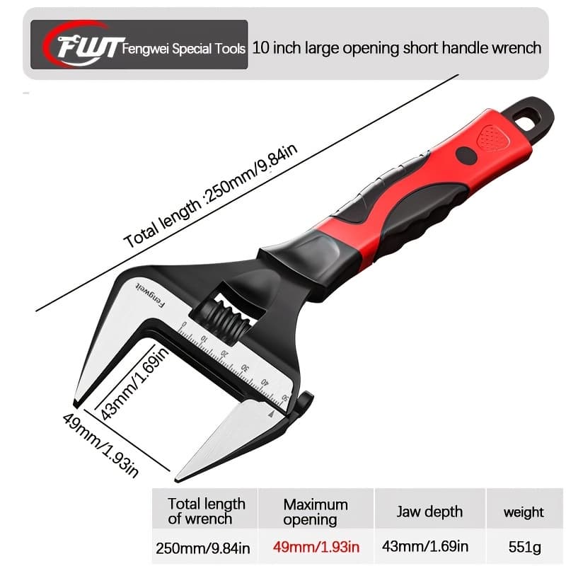 TEMU Adjustable Large Opening Wrench, High-hardness Plumbing Tool With Short Handle And Large Diameter, Steel, Ideal For Home Screw Removal.