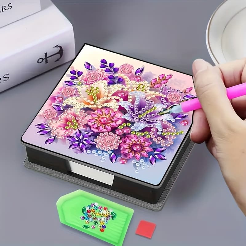 TEMU 5d Diamond Painting Kit - Floral Pattern Notepad And Sticky Note Box - A Unique Handmade Gift, Set, Irregular Round Shape, A Handmade Gift For Office And Home Desks