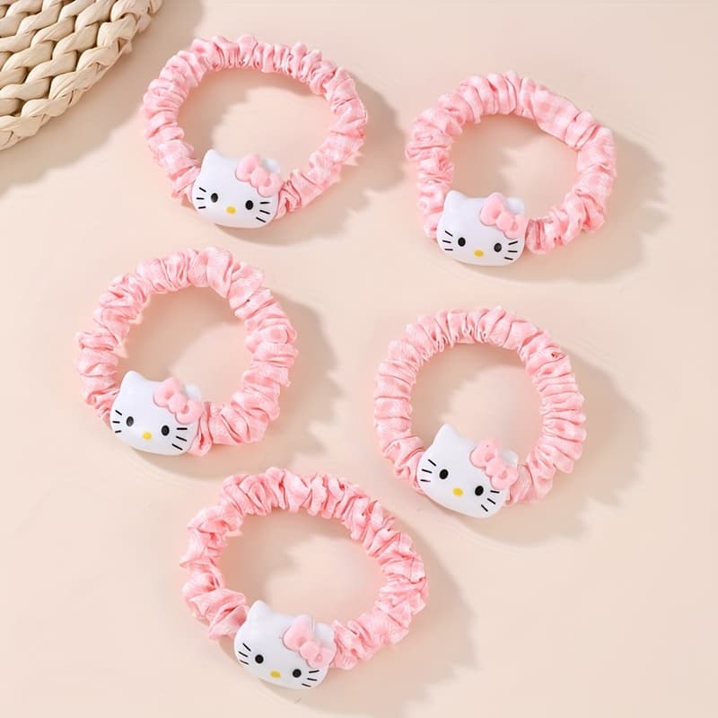 TEMU 5pcs Set Hello Kitty 's & Women's Hair Ties - Cute Pink Hello Kitty Face Hair Bands, For, Parties, Sleepovers, Daily Use, Character Accessories