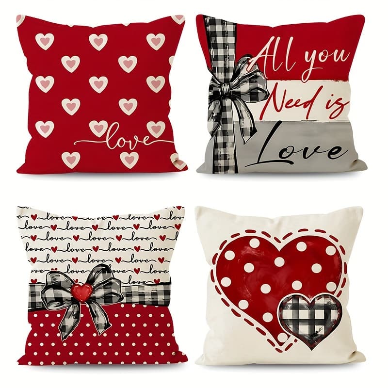 TEMU [local Warehouse] 4pcs Red Heart Hug Pillow Covers - 18x18 Inch, Zipper Closure, Machine Washable, French Decorative Cushion Cover For Home And Bedroom Sofa, No Pillow Core