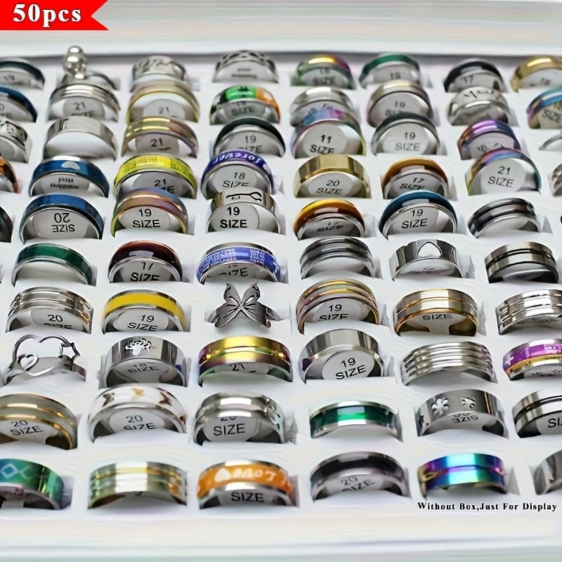 TEMU 50pcs/100pcs/200pcs Lot Stainless Steel Rings For Men And Women Bulk Mixed Finger Ring Charm Jewelry Accessories Party Gift Wholesale Band, Wedding Party Gifts, Style Random Assorted Varieties