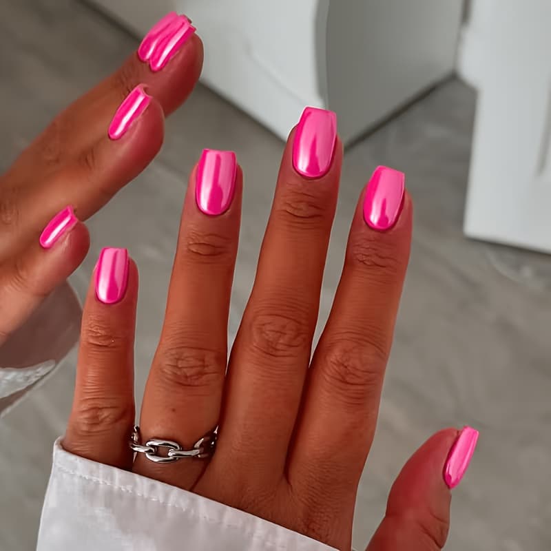 TEMU Rose Pink Nail Art Tips - Square Chrome-plated Nail Art Tips, A Gift For Women, 12 Sizes - 24 Reusable False Nails, Glossy, Red.