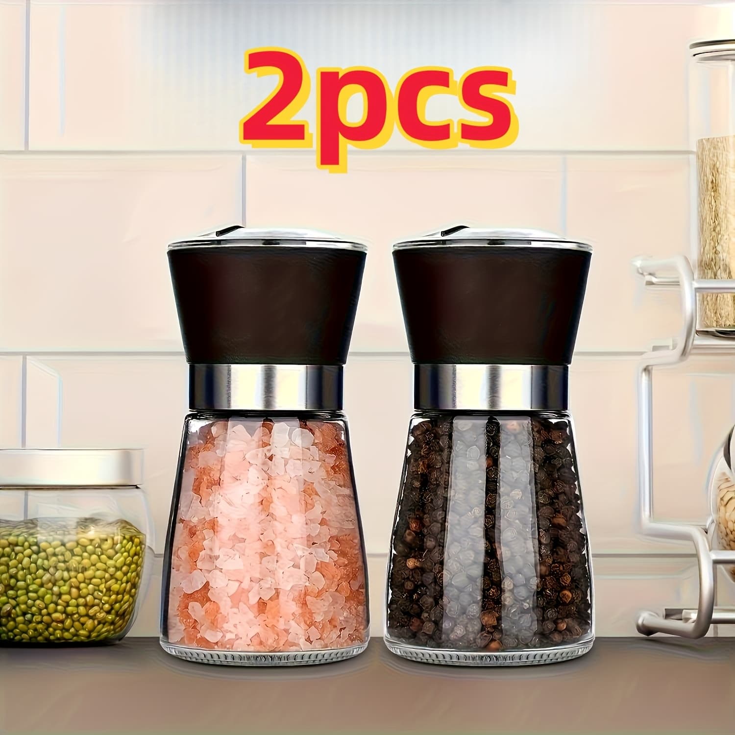 TEMU 2pcs Manual With Glass Bottle - Refillable Portable, Adjustable Coarseness/fineness , Herbs, Spices - Heavy-duty Glass Container, No Electricity Needed For Kitchen, Camping, Bbq -