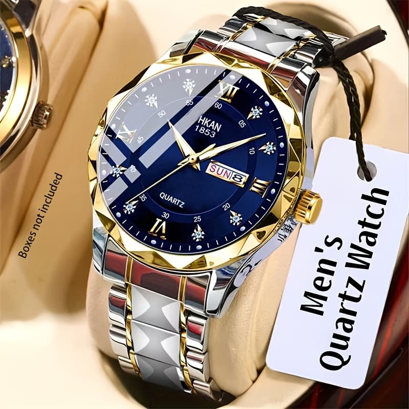 TEMU This Stylish Men's Quartz Watch Features A Stainless Steel Band, A Calendar Display, And A Round Dial Marked With Roman , Making It Suitable For Formal And Casual Occasions, And An Gift