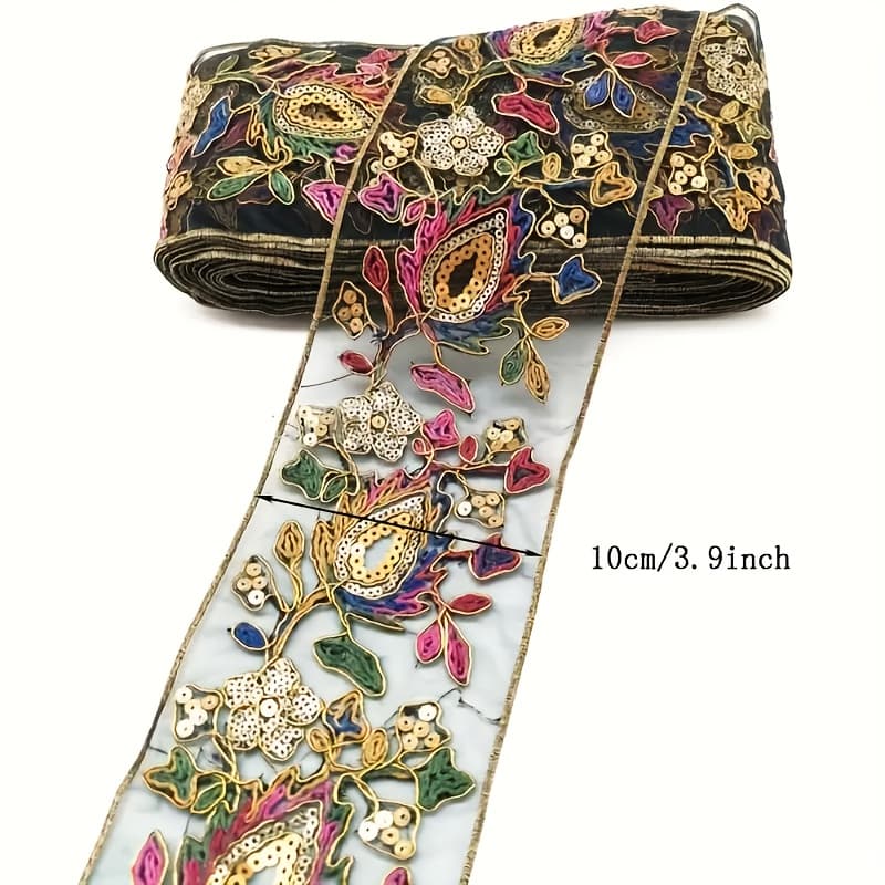 TEMU (1 Size) Meter Bright Embroidered Lace Ribbon With Sequins, Mixed Color Fabric Decoration, Suitable For Sewing, Clothing Design, And Handicrafts - Thick Handmade Decoration, Suitable For Clothing