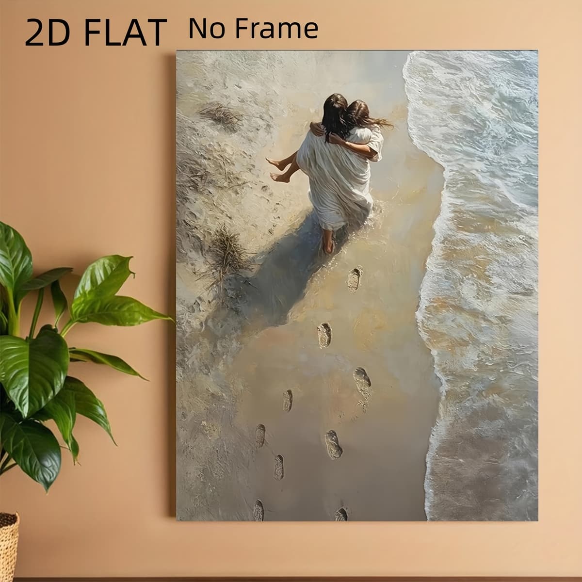TEMU 2d Flat, 2d Flat, 2d Flat Frameless Canvas Wall Art - Woman Beach With Items, Leaving Footprints, Christian Religious Painting Poster, Suitable For Living Room And Bedroom Decor