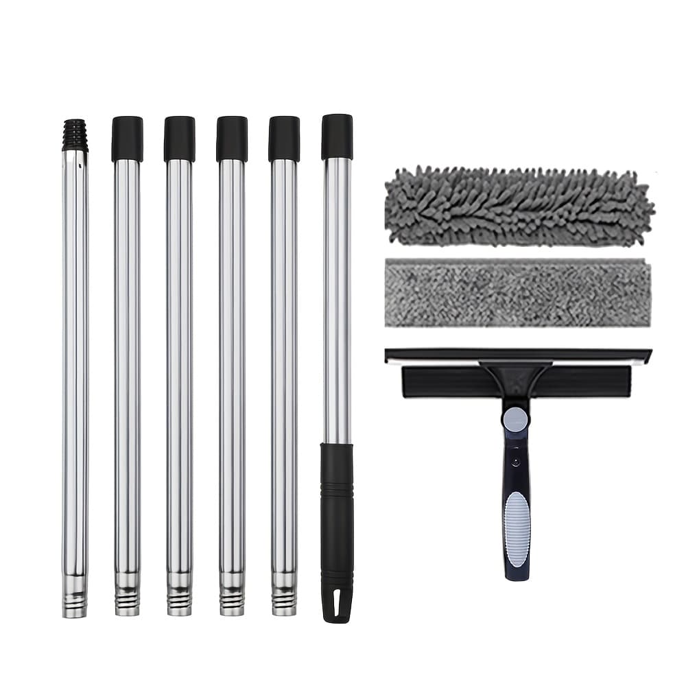 TEMU Window Cleaner, 6 Section Extendable 2-in-1, Window Cleaner With Rotating Head Glass Scrubber & Squeegee For Indoor/outdoor Windows & Cars - Includes Scraper, Chenille & Microfiber Pads (gray)