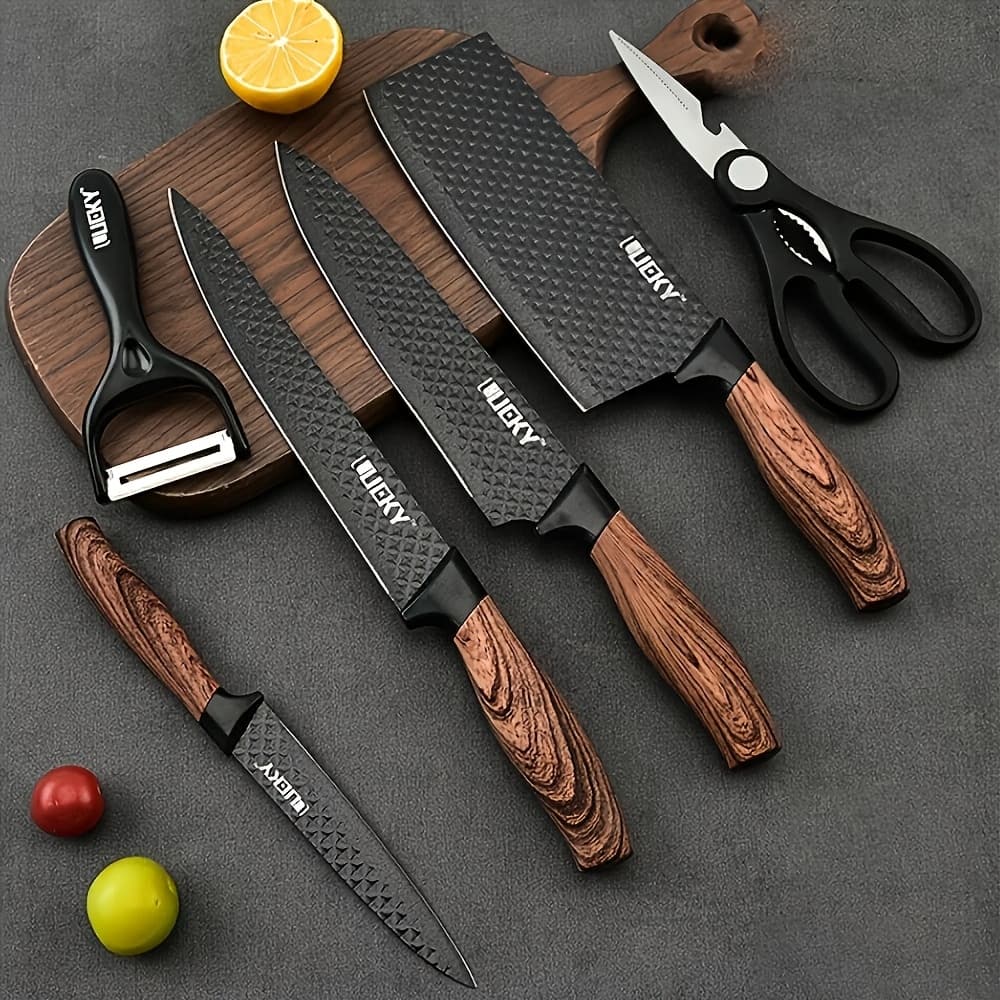 TEMU Professional 6 Kitchen Knife Set, Chef's Knife, Slicing Knife, Paring Knife, And Scissors, High Carbon Stainless Steel , With Ergonomic Wooden Handles, Knife, Suitable For , Gift Box Set.