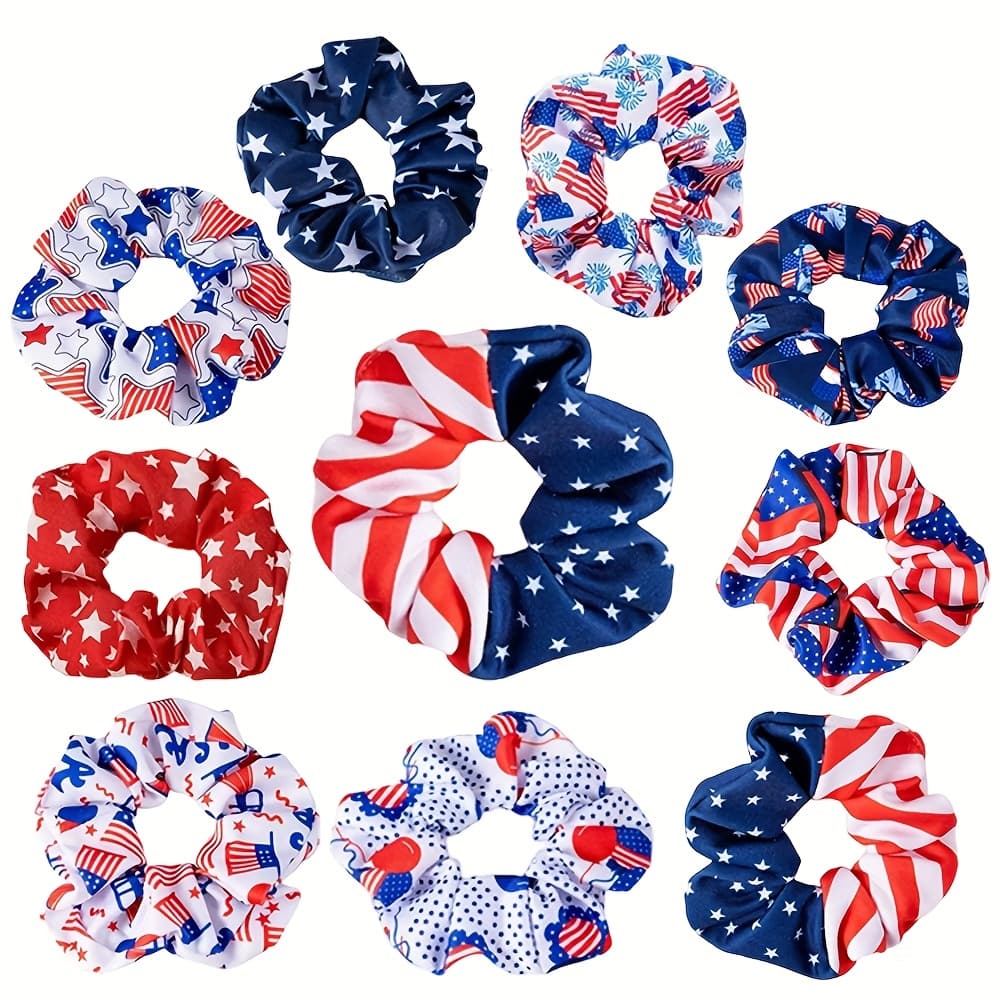 TEMU 10pcs American Flag Hair Scrunchies For Women - Patriotic Elastic Hair Ties For Christmas, Casual Attire, Music Festivals & Sports Games