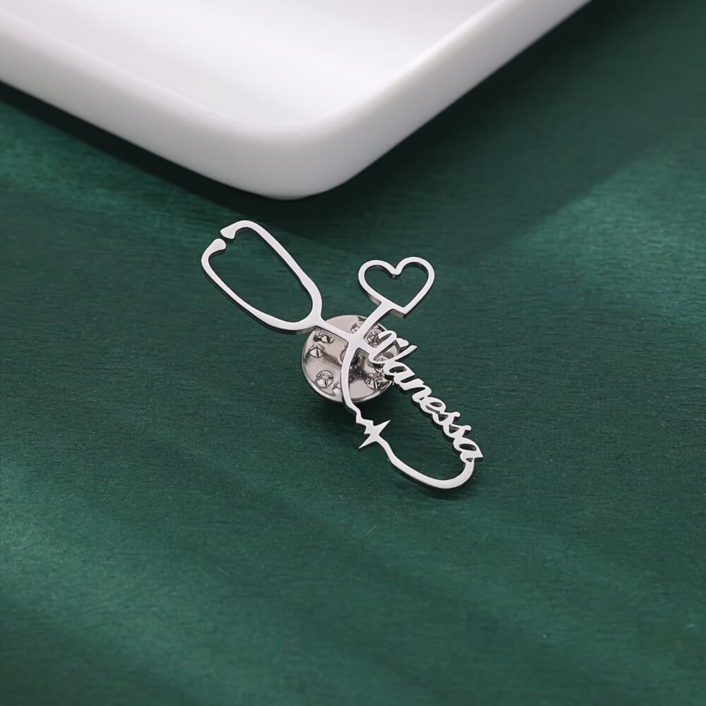 TEMU 1pc Personalized Custom Heart-shaped Stethoscope Fashion Nameplate Lapel Pin, Stainless Steel Custom Jewelry Gift Brooch, Unisex Accessory, Birthday Anniversary Gift, Doctor Nurse Gift