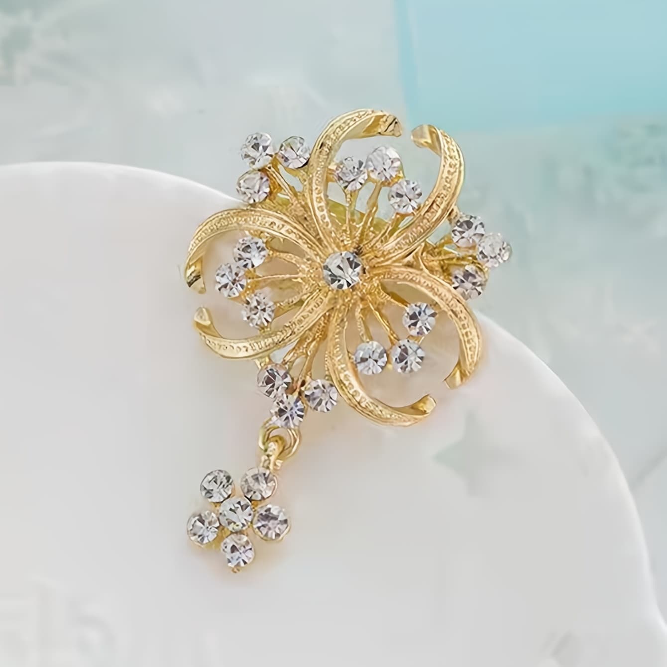 TEMU Sophisticated Golden Floral Pin - Rhinestones And Zirconia Crystals