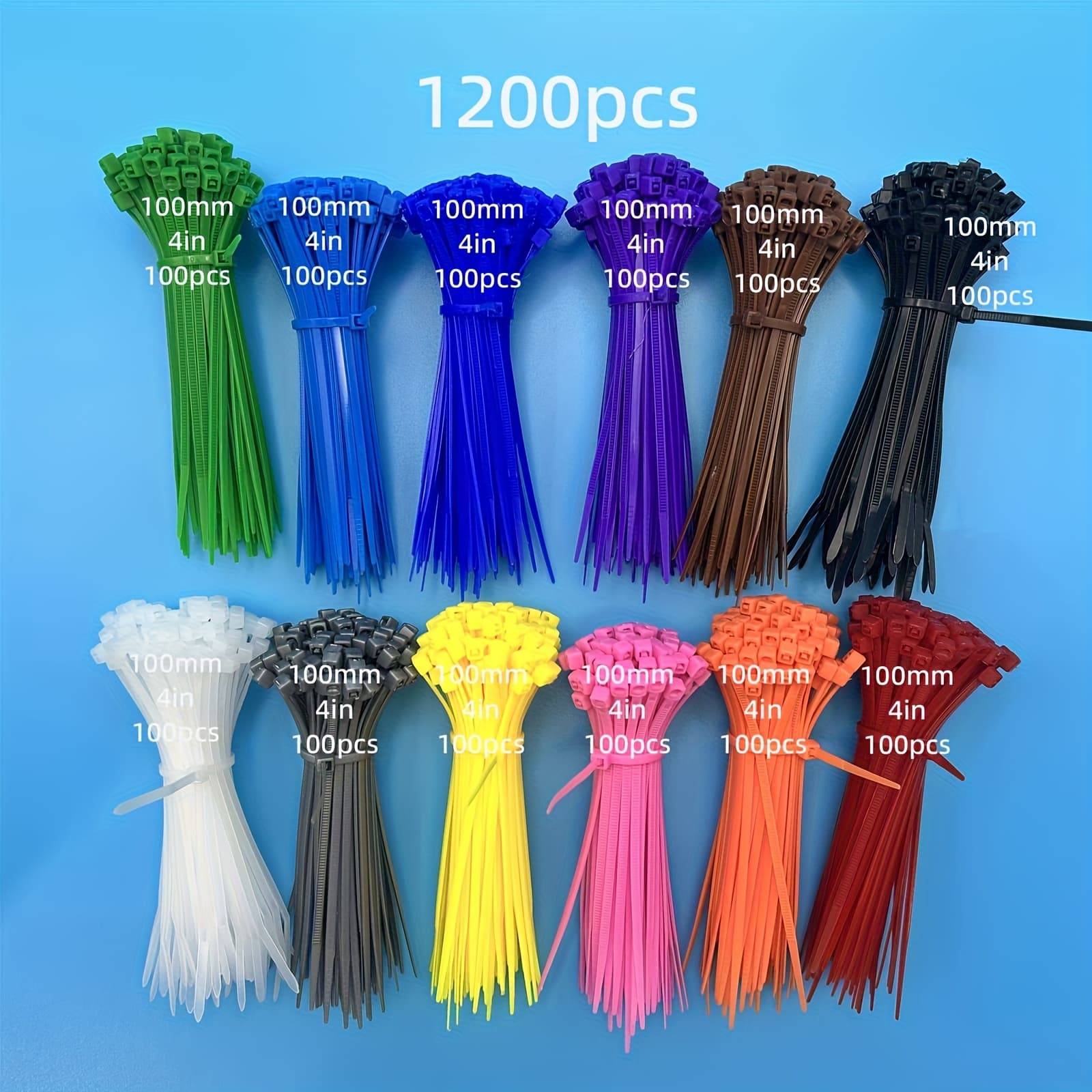 TEMU Home Decoration 1200pcs Colorful Wire Rope Ties 100mm/4in Zipper Ties Mixed Packaging 12-color Plastic Wire Ties Combination Suitable For Home Office, Garden, Garage And Workshop