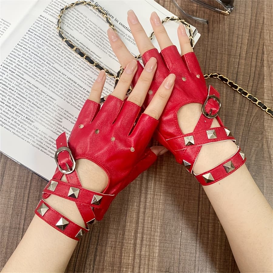 TEMU Rivet Wrist Half-finger Gloves Women' Stage Performance Gloves Riding Gloves