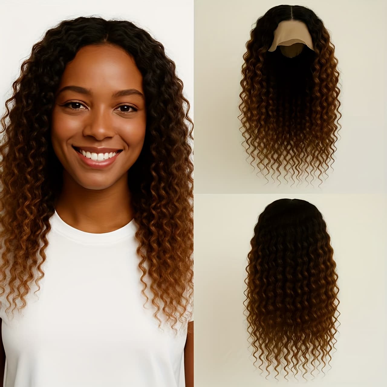 TEMU 16 Inch Ombre Brown Deep Wave Lace Front Wig. Middle Part Curly Synthetic Wig For Women, Look, Soft And Bouncy For Daily Or Party Use