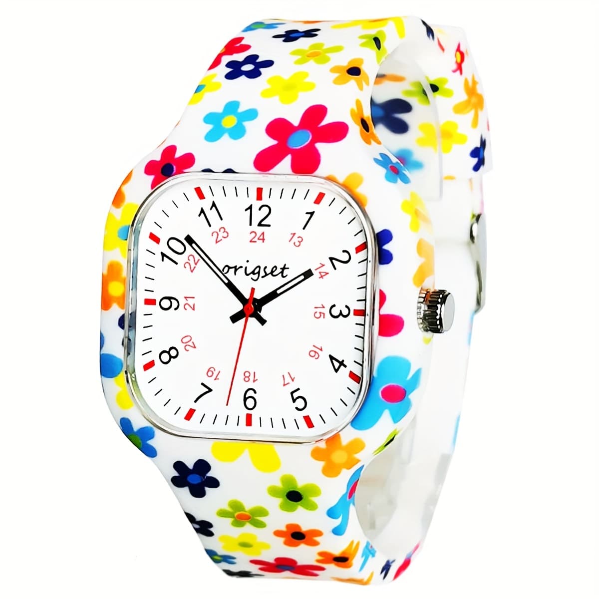 TEMU Origset Nurse Watch Colorful Flowers Printing For Teachers Doctors 3-hand 24 Hour Square Large Numbers Women Lady Famale Watch